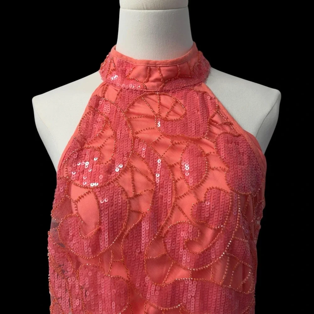 Boston Proper Dress Womens 10 Pink Coral Sequin Mesh Halter Mini Open Back NWOT